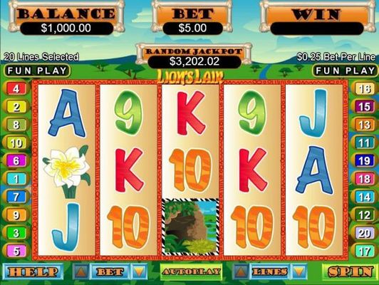 A safari themed main game board featuring five reels and 20 paylines with a $50,000 max payout
