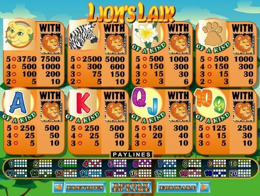 Slot game symbols paytable featuring safari animal inspired icons.