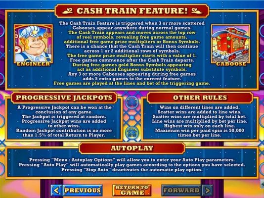 Cash Train Feature, Progressive Jackpots and General Game rules