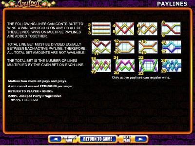 Payline diagrams 1 to 25 and general game rules.