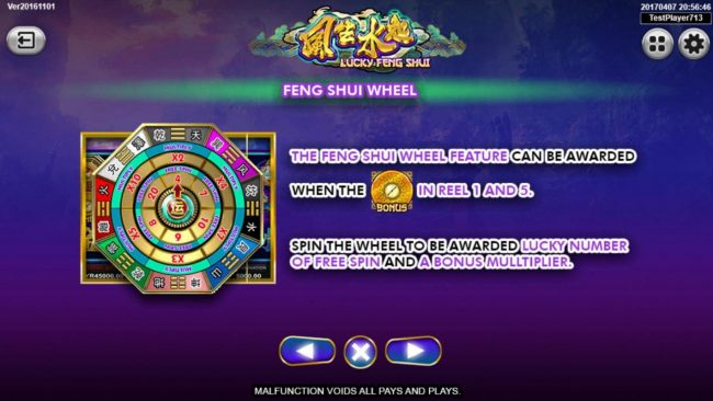 Geng Shui Wheel - can be awarded when the bonus symbol lands on reels 1 and 5.