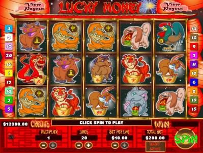 Main game board featuring five reels and 20 paylines with a Jackpot max payout