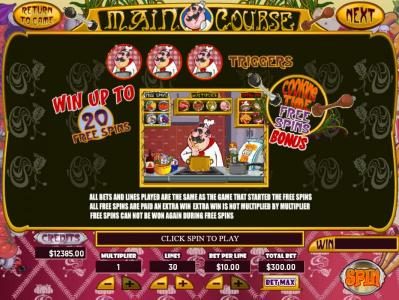 Three Chef symbols triggers Cooking Time Free Spins Bonus. Win up to 20 free spins.