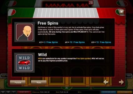 Free Spins Paytable with rules and Wild Symbol game rules