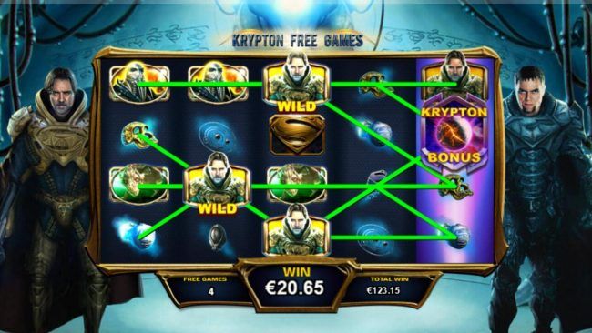 Multiple winning paylines triggered by sticky wilds during the Krypton Free Games feature