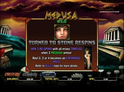 Wild symbols rules. win 3 re-spins with all prizes triples when 3 medusa symbols appear