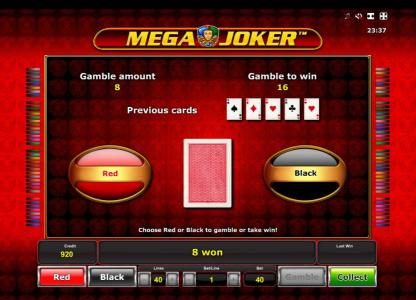 Gamble feature is available after each winning spin. Select color to play.
