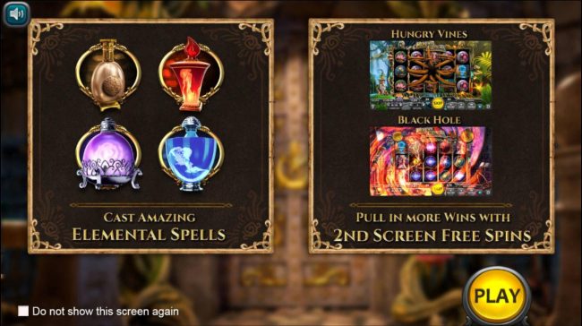 Game features include: Elemental Spells and Free Spins