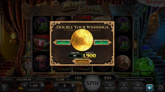 Double Up gamble feature is available after every winning spin. Select heads or tails for a chance to double your winnings.