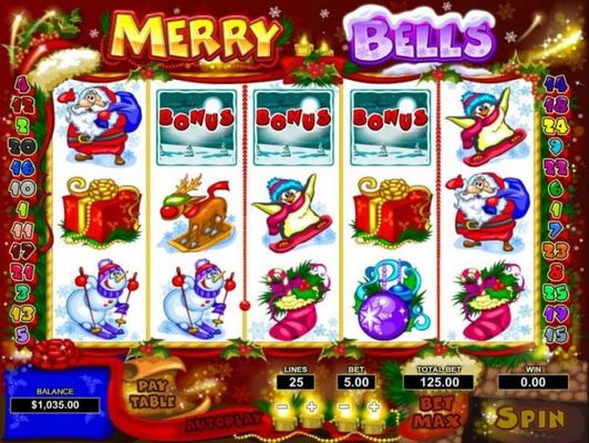 Santas Stocking Stuffer bonus game triggered when three santa sleigh symbols appear on reels 2, 3 and 4 on an active payline.