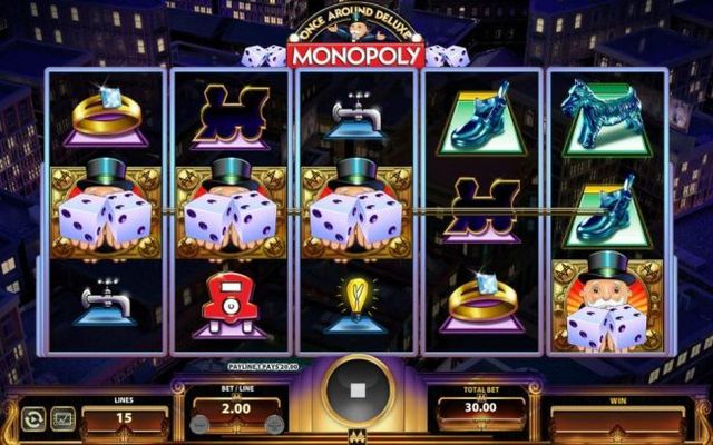 Three Uncle Pennybags holding a pair of dice on an active payline triggers the Once Around Deluxe bonus feature.
