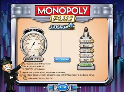level up plus. earn higher status levels by collecting more monoploy money in the board bonus