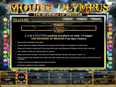 three or more scatter symbols anywhere on reels 1-5 trigger the revenge of medusa free spin feature
