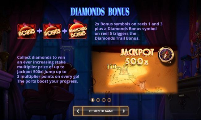 Diamonds Bonus Rules - 2x bonus symbols on reels 1 and 3 plus a Diamonds Bonus symbol on reel 5 triggers the Diamonds Trail Bonus.