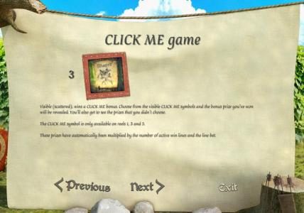 CLICK ME game, 3 CLICK ME symbols visible (scattered), wins a CLICK ME bonus. Choose from the visible CLICK ME symbols and the bonus proze you've won will be revelaed.