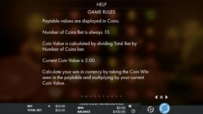 Paytable values are displayed in coins. Number of coins bet is always 10
