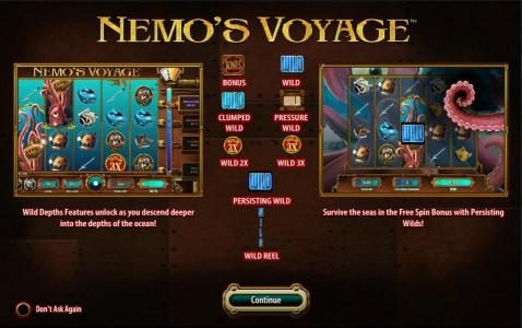 This video slot game features Wild Depths features unlock as descend deeper into the depths of the ocean! Additionally, survie the seas in the Free Spin Bonus Feature with persisting Wilds!