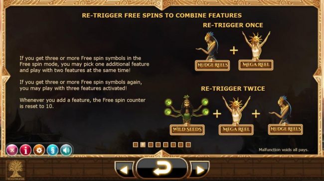Re-Trigger Free Spins to combine features. If you get three or more free spin symbols in the free spin mode, you may pick on additional feature and play with two features at the same time. If you get three or more free spin symbols again, you may play wit