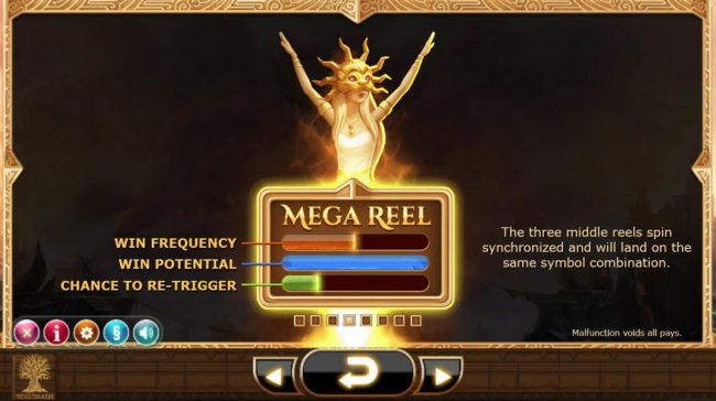 Mega Reels - The three middle reels spin synchronized and will land on the same symbol combination.