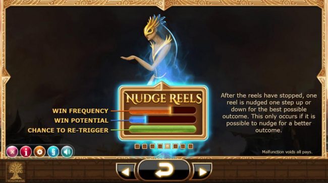 Nudge Reels - After the reels have stopped, one reel is nudged one step up or down for the best possible outcome. This only occurs if it is possible to nudge for a better outcome.