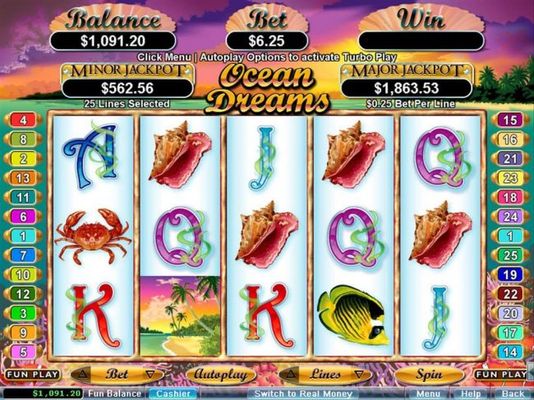 An ocean adventure themed main game board featuring five reels and 25 paylines with a $250,000 max payout