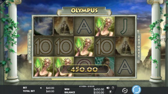 Four Hera symbols triggers a 450.00 jackpot award