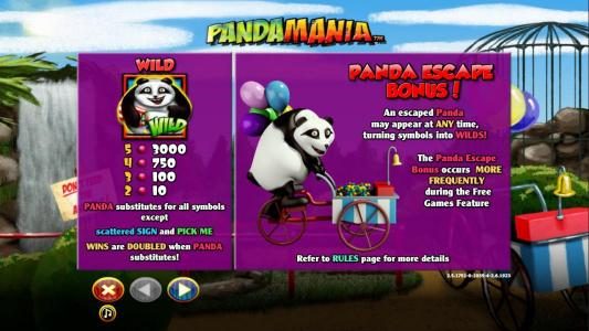 Wild symbol paytable and Panda Escape Bonus