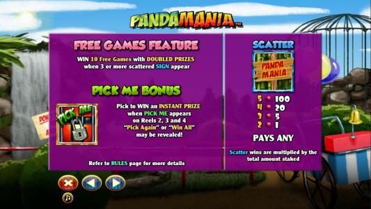 Free Game Feature, Pick Me Bonus and Scatter symbol paytable