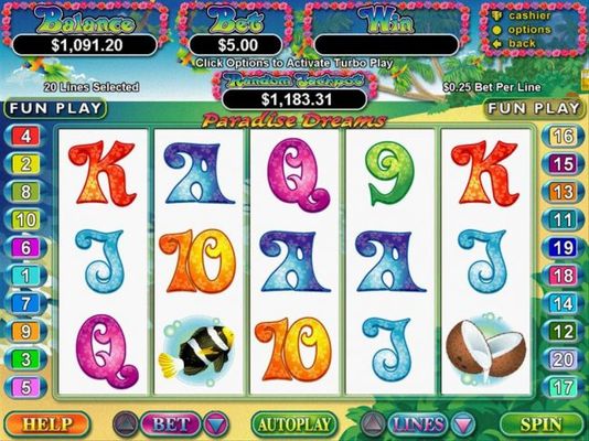 A paradise themed main game board featuring five reels and 20 paylines with a $250,000 max payout