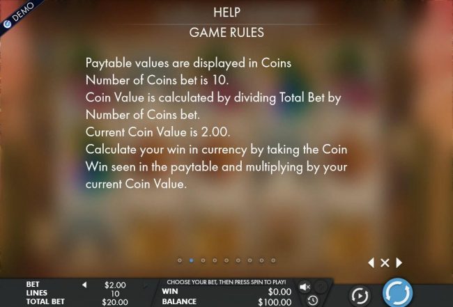 Paytable values are displayed in coins. Number of coins bet is 10.