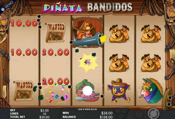Landing a Sheriff wild symbol on reel 3, triggers the Symbol Bomb feature. All pinata symbols on the reels will explode awardeding the player with a cash prize.