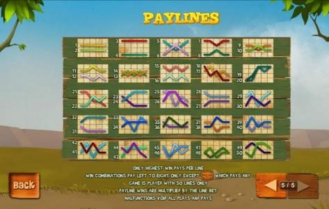 Payline Diagrams 1-50. Only highest win pays per line. Win combinations pay left to right only except the game logo scatter symbols which pays any. Game played with 50 lines only. Payline wins are multiplied by the line bet.