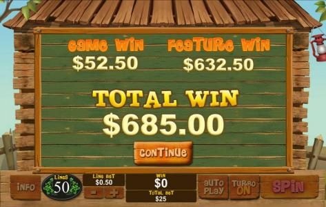 The free games feature pays out a total of $685.00 for a big win!