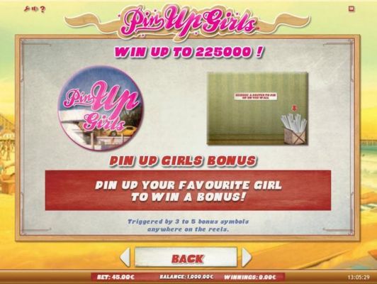 Win up to 225,000! Pin Up Girl Bonus - Pin up your favorite girl to win a bonus! Triggered by 3 to 5 bonus symbols anywhere on the reels