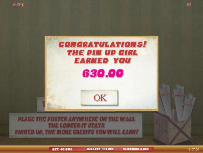 Pin Up Gril Bonus feature pays out a total of 630.00