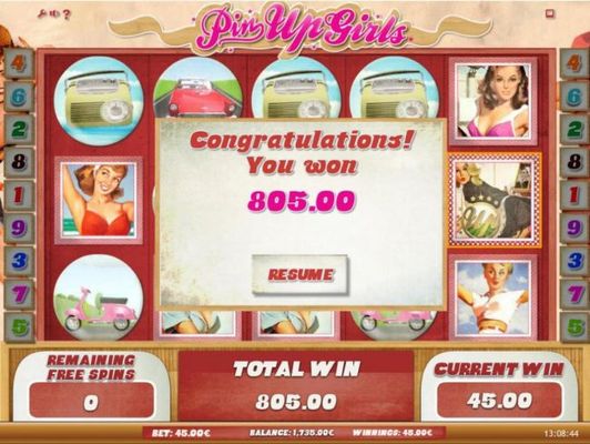 The free games feature pays out a total of 805.00 in addition to the bonus winnings.