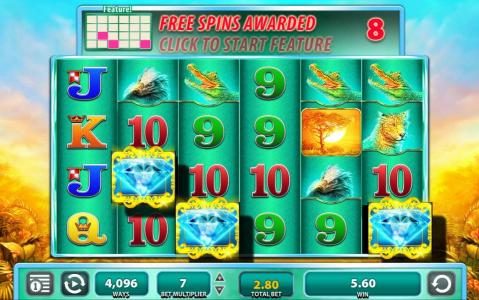 Three feature symbols triggers 8 free spins