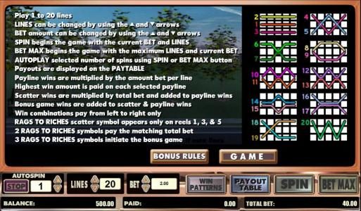 game rules and payline diagrams