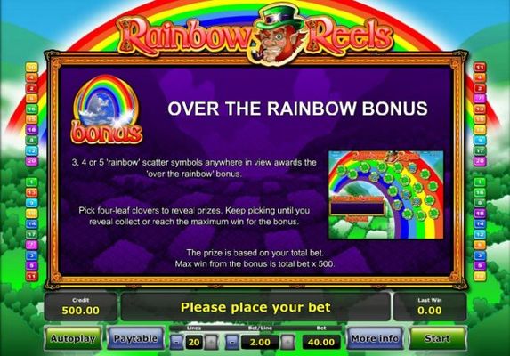 3, 4 or 5 Raindow scatter symbols anywhere in view awards the Over the Rainbow Bonus.