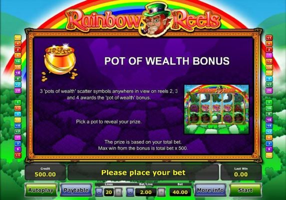 3 Pots of Wealth scatter symbols anywhere in view on reels 2, 3 and 4 awards the Pot of Wealth Bonus