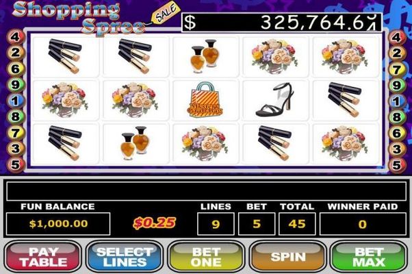A luxury shopping themed main game board featuring five reels and 9 paylines with a $100,000 max payout