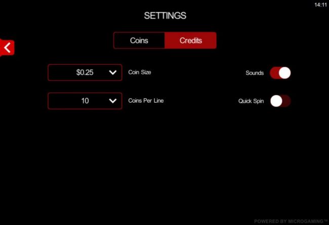 Click on the side menu button to adjust the Lines or Coin Size.
