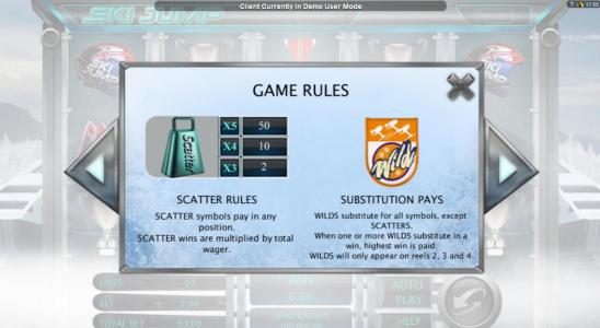 Scatter symbols pay in any position. Scatter wins are multiplied by total wager. Wild substitutes for all symbols, except scatters. Wild will only appear on reels 2, 3 and 4. When one or more wilds substitute in a win, highest win is paid.