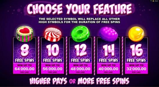 choose your feature - select the number of free spins and the prize value to play for.