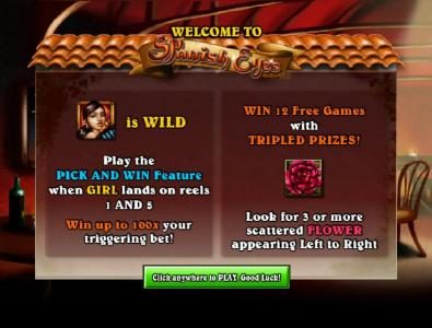 play the pick and win when girl lands on reels 1 and 5 - win 12 free games with tripled prizes