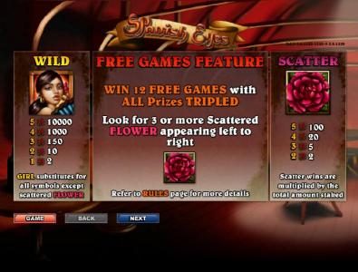 rules and paytable for wild, scatter and free games feature