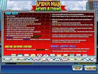 game rules, doctor octopus feature rules, marvel jackpot rules and payline diagrams