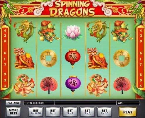 An Asian dragon themed main game board featuring five reels and 9 paylines with a $100,000 max payout