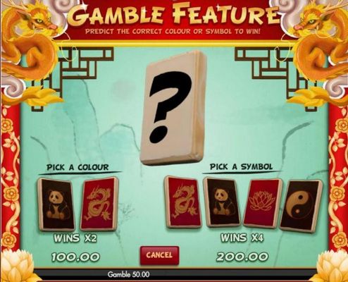 Gamble Feature Game Board - Available after every winning spin. Select the colour or pick a symbol for a chance to double your winnings.
