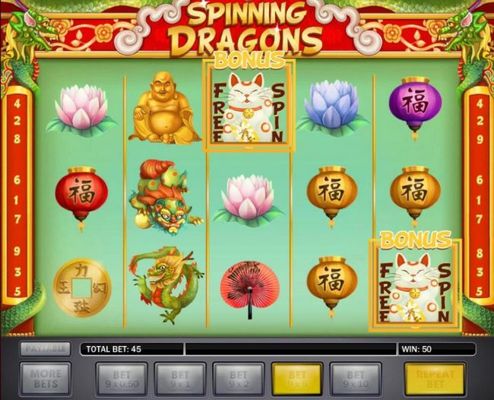 A pair of Fortune Cat Free Spin scatter symbols triggers Free Spins feature.